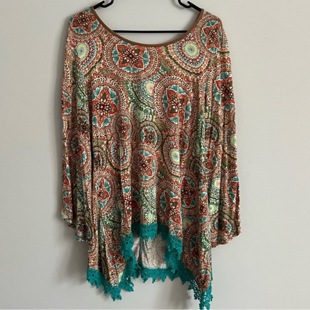 New Directions Multi-Color Medallion Print Crochet Hem Long Sleeve Blouse